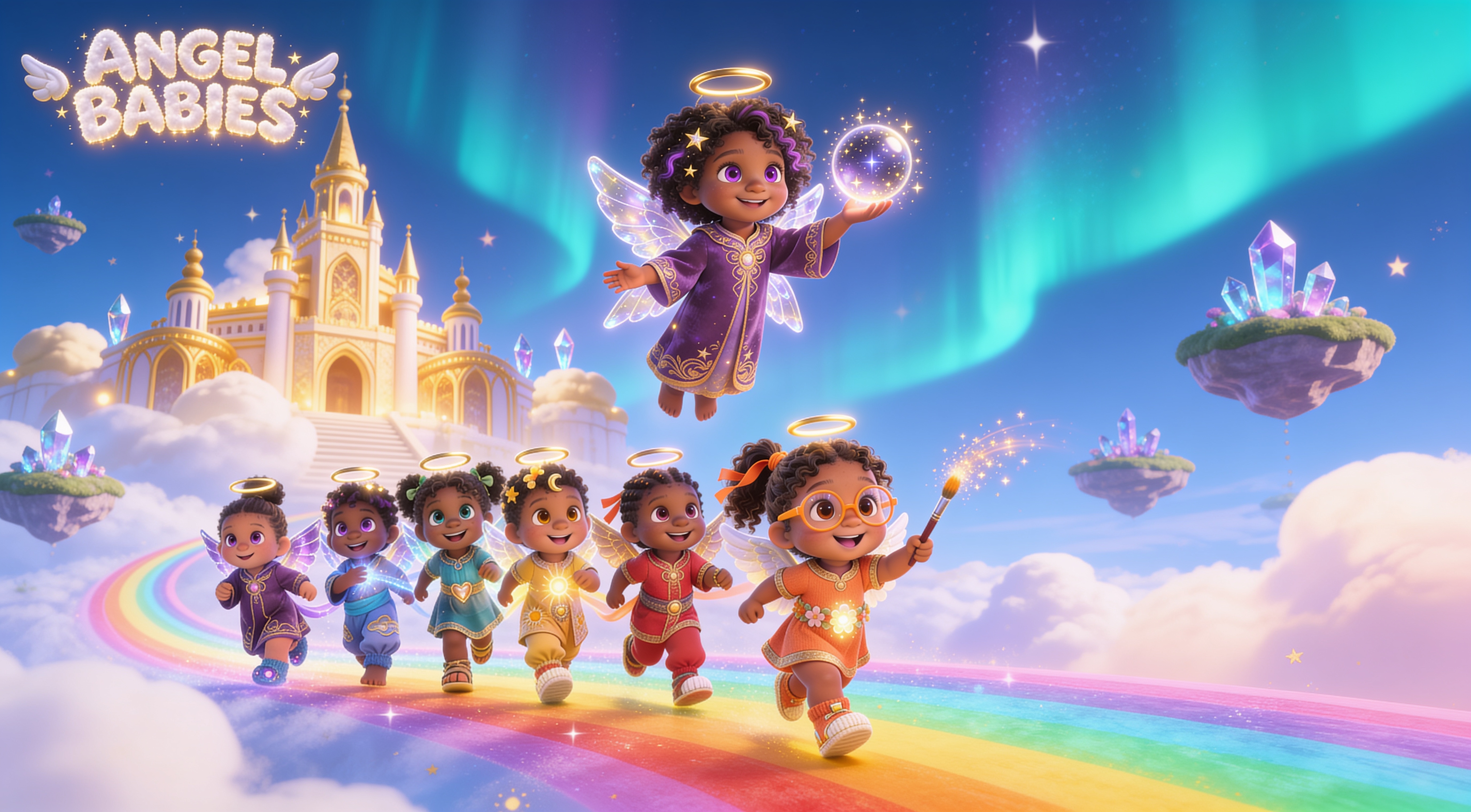 The Angel Babies Seven walking together along a rainbow path toward a golden castle in the clouds